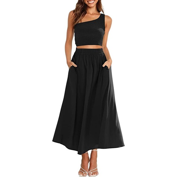 One Shoulder Smocked Crop Top & High Waist Long Skirt Set with Pockets Sz S - Picture 1 of 4